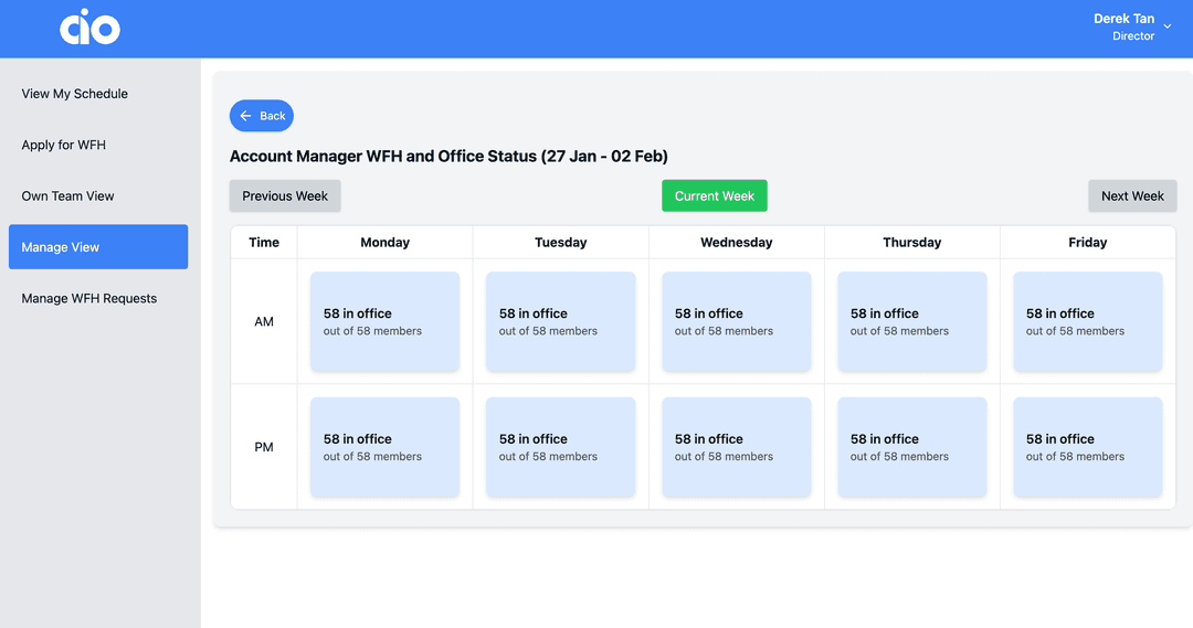Schedule of a single team in chosen department.